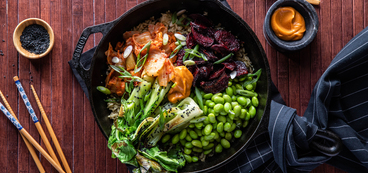 Korean BiBimBap with Gochujang Roasted Beets & Crispy Seeded Rice