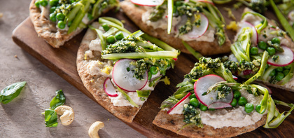 White Bean Hummus Flatbread with Cashew Pesto & Shaved Asparagus