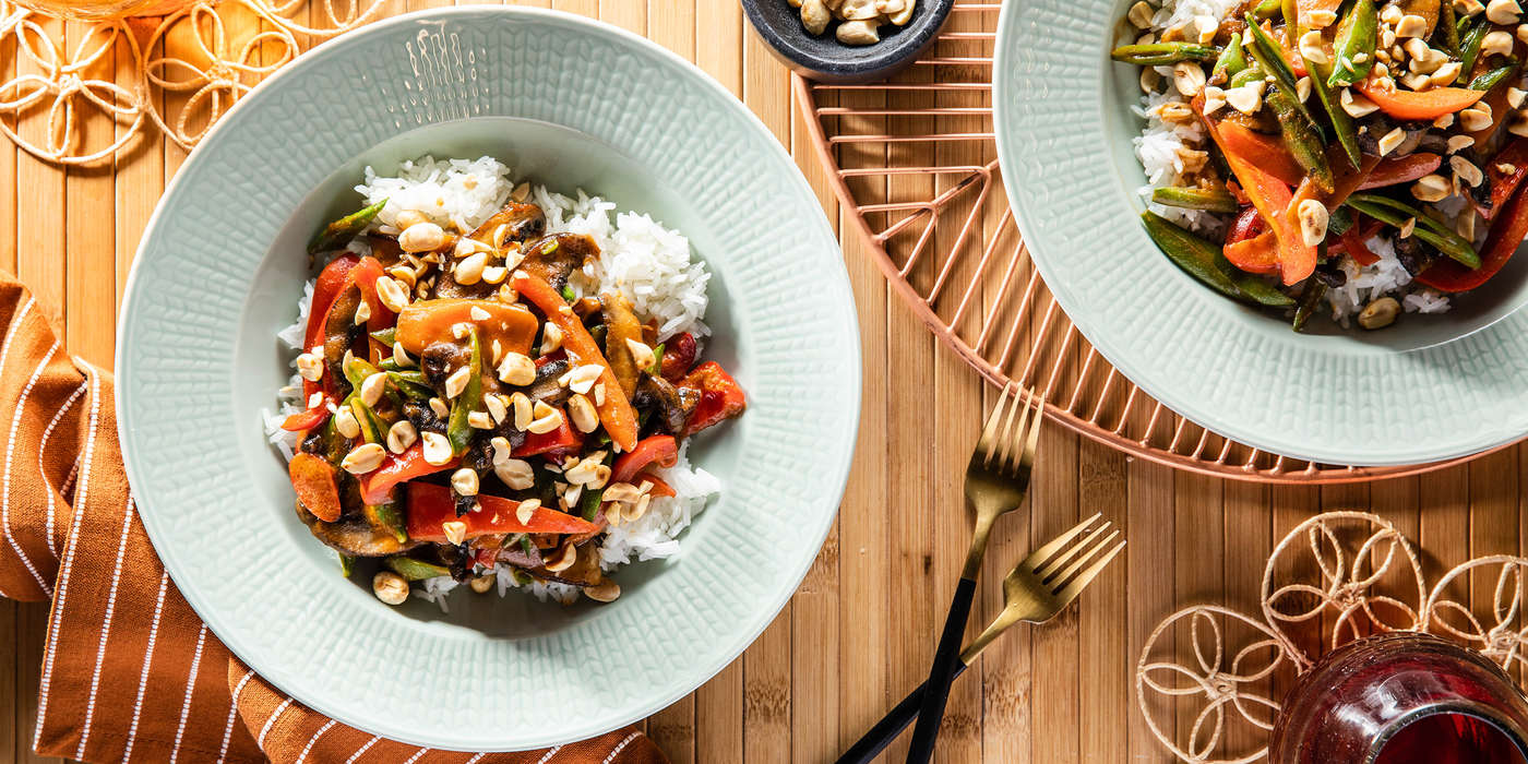 Portobello Panang Curry with Jasmine Rice & Peanuts Portobello Panang Curry with Jasmine Rice & Peanuts