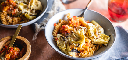 Fusilli Pasta with Crispy Artichoke Hearts & Charred Pepper Ragout
