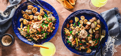 Asparagus Tofu Scramble with Patatas Bravas & Paprika Aioli