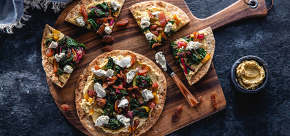 Mediterranean Flatbread with Apricot & Scallion Cashew Cheese