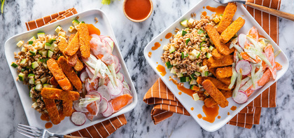 Baked Buffalo Tempeh with Farro & Carrot Celery Slaw