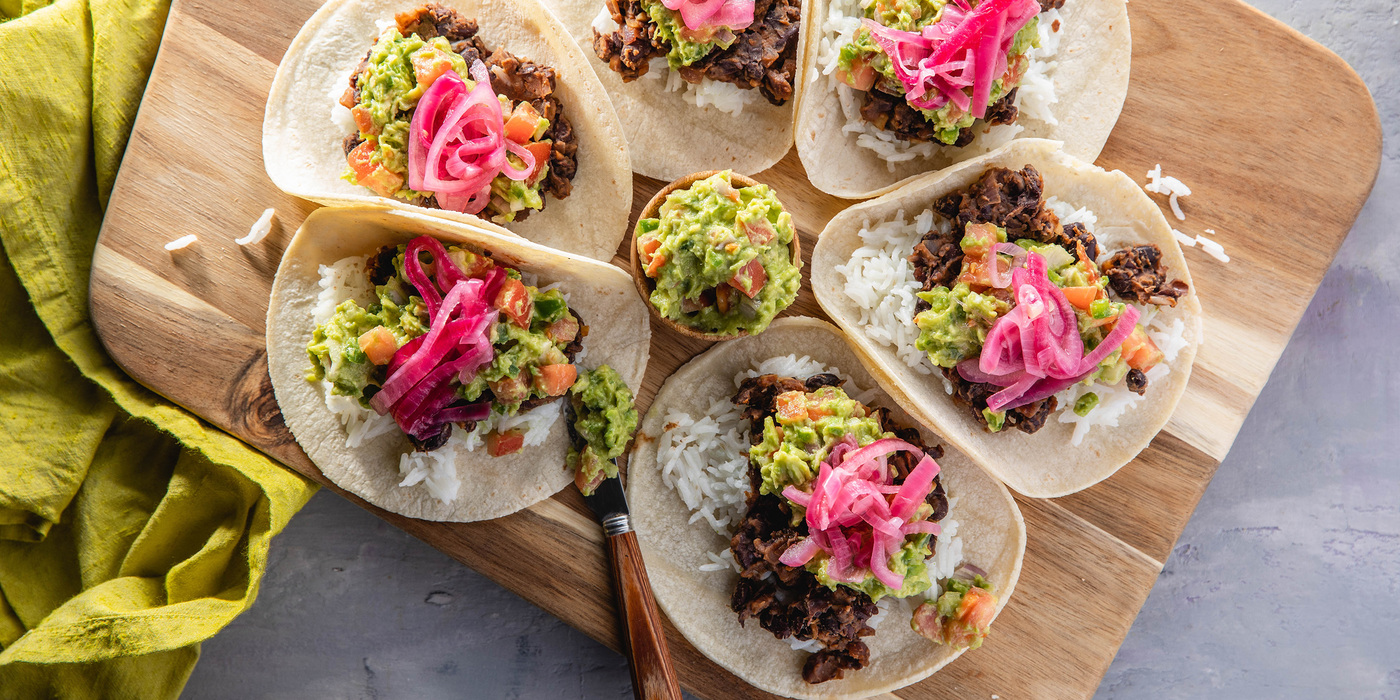 Cuban-Style Black Bean Tacos with Pickled Onions & Guacamole Cuban-Style Black Bean Tacos with Pickled Onions & Guacamole