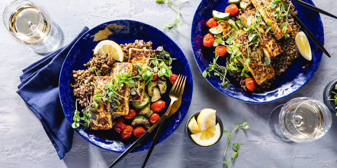 Tofu Halloumi with Dijon Lentils & Charred Summer Vegetables Tofu Halloumi with Dijon Lentils & Charred Summer Vegetables