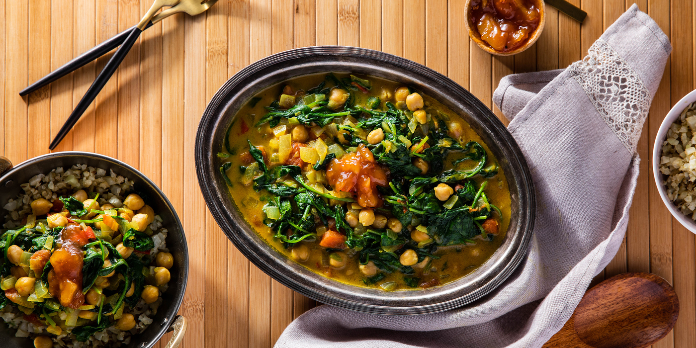 Chickpea Saag with Cumin Cauliflower Rice & Mango Chutney Chickpea Saag with Cumin Cauliflower Rice & Mango Chutney