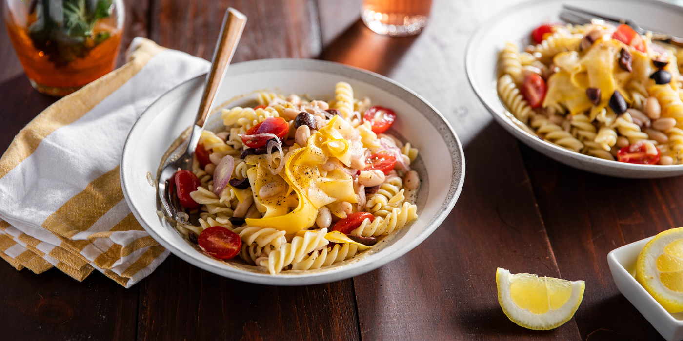 Creamy Tahini Fusilli with Yellow Squash & Kalamata Olives Creamy Tahini Fusilli with Yellow Squash & Kalamata Olives
