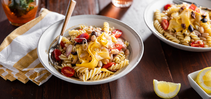 Creamy Tahini Fusilli with Yellow Squash & Kalamata Olives