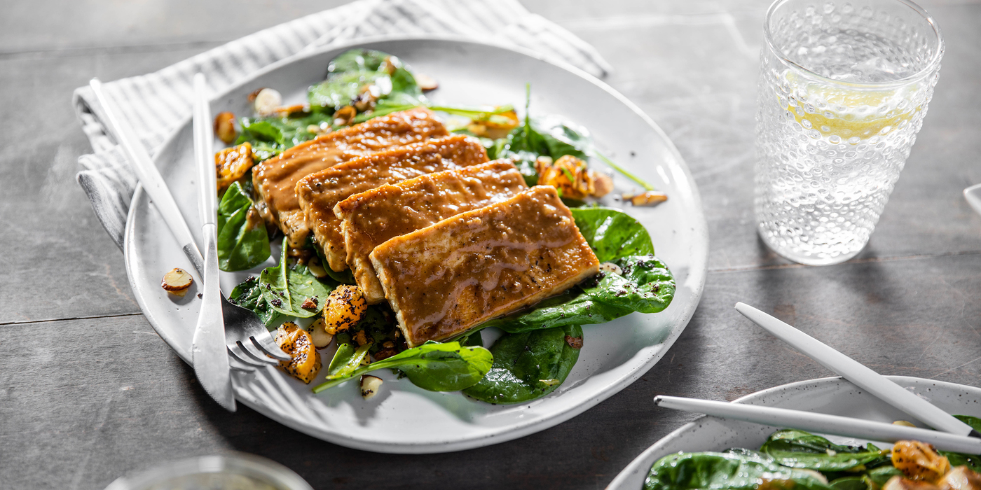 Hoisin Tofu Steaks with Sticky Rice & Spinach Poppy Seed Salad Hoisin Tofu Steaks with Sticky Rice & Spinach Poppy Seed Salad