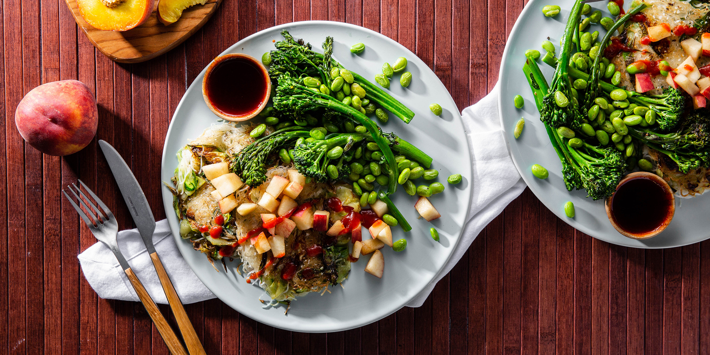 Scallion Noodle Cakes with Crispy Broccolini & Tamarind Sauce Scallion Noodle Cakes with Crispy Broccolini & Tamarind Sauce
