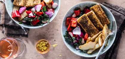 Tofu Halloumi Bowls with Lemon Potatoes & Kale Salad