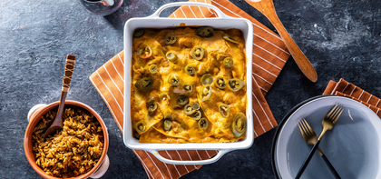 Red Bean Enchilada Bake with Spanish Rice & Cashew Queso