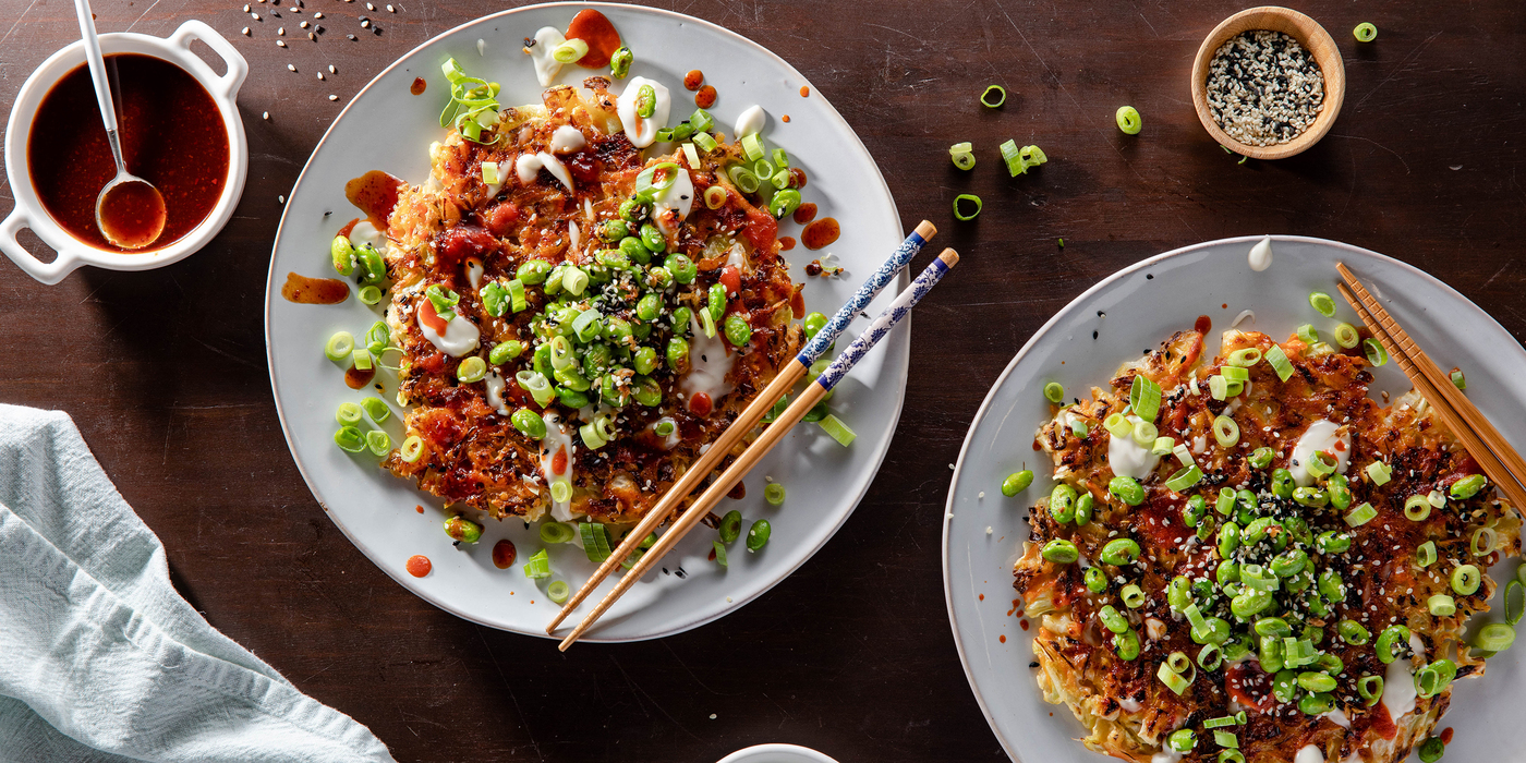Okonomiyaki with BBQ Sauce & Sesame Edamame Okonomiyaki with BBQ Sauce & Sesame Edamame