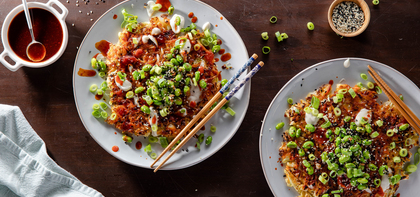 Okonomiyaki with BBQ Sauce & Sesame Edamame