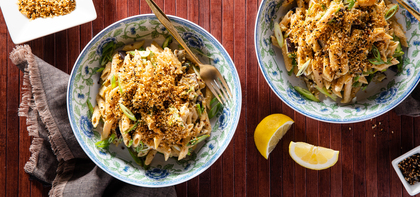 Lemon Miso Pasta with Eggplant & Nori Breadcrumbs