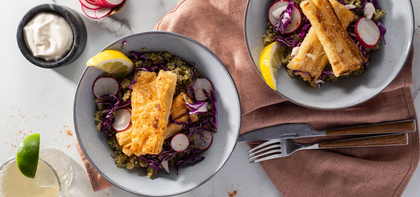 Baja Fish Bowls with Citrus Aioli & Cilantro Almond Quinoa