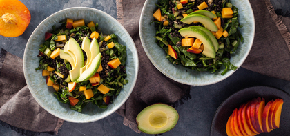 Warm Stone Fruit Salad with Coriander Lentils & Avocado