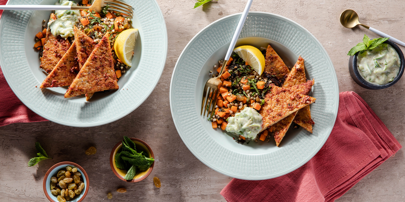 Tandoori Tempeh with Jeweled Buckwheat & Raita Tandoori Tempeh with Jeweled Buckwheat & Raita