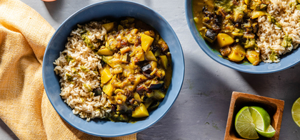 Aubergine Date Curry with Brown Rice & Cilantro Chutney