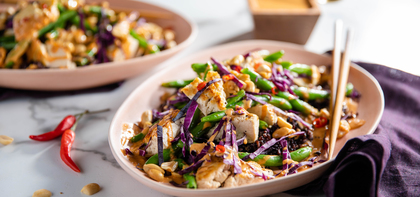 Tofu Peanut Stir-Fry with Charred Green Beans & Midnight Grains