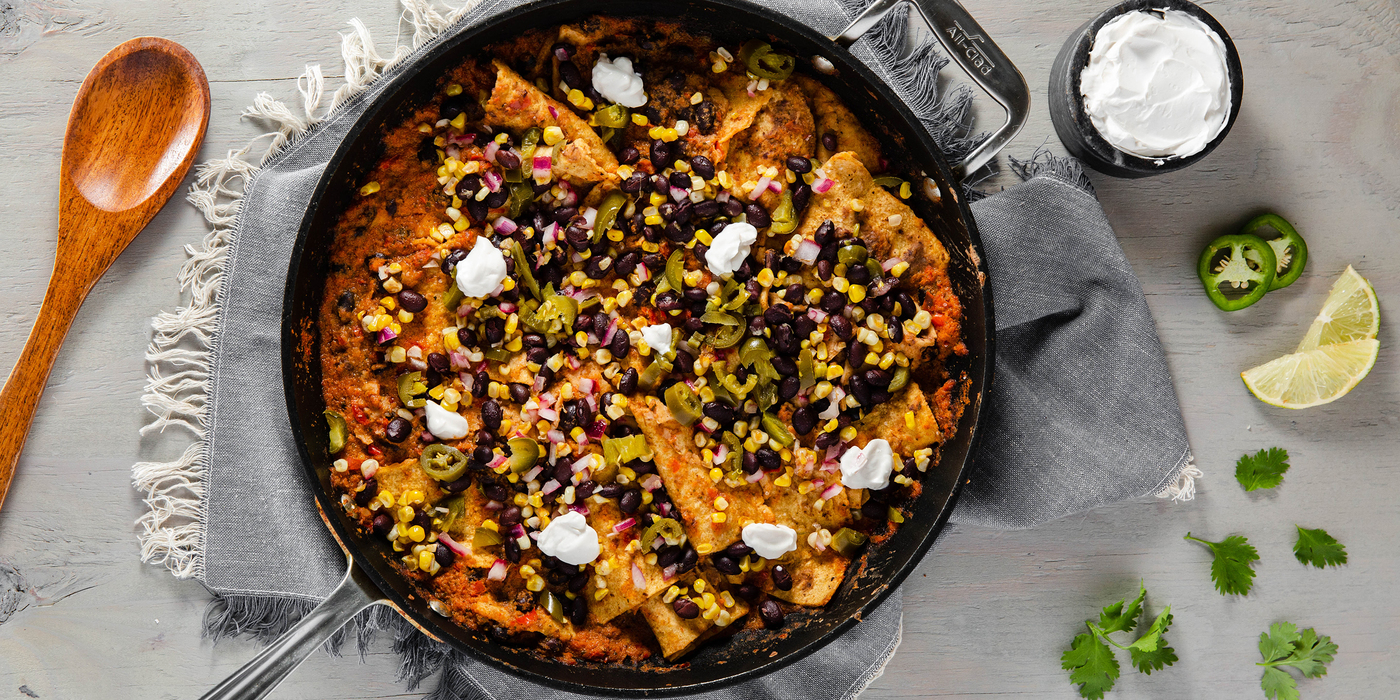 Skillet Chilaquiles with Charred Corn & Black Bean Salsa Skillet Chilaquiles with Charred Corn & Black Bean Salsa