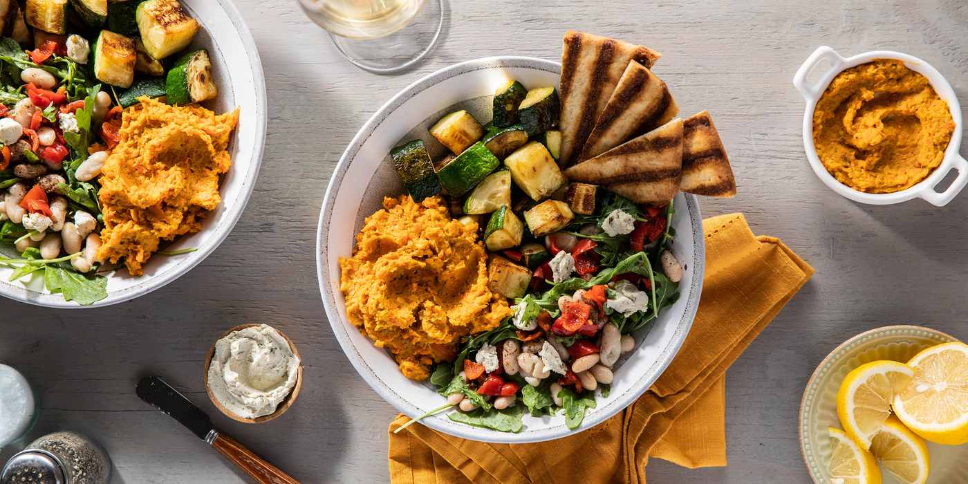 Roasted Carrot Hummus Bowl with Za’atar Vegetables & Arugula