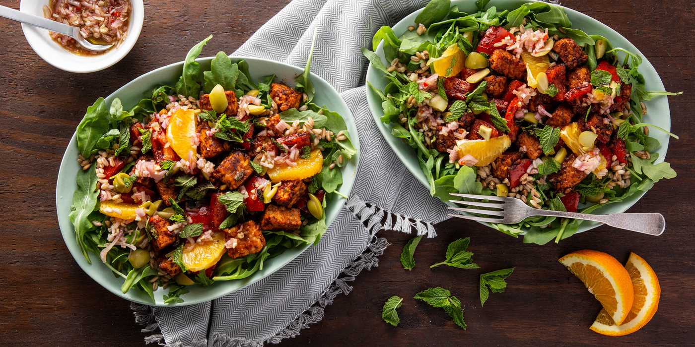 Piri Piri Tempeh with Farro & Arugula Citrus Salad Piri Piri Tempeh with Farro & Arugula Citrus Salad