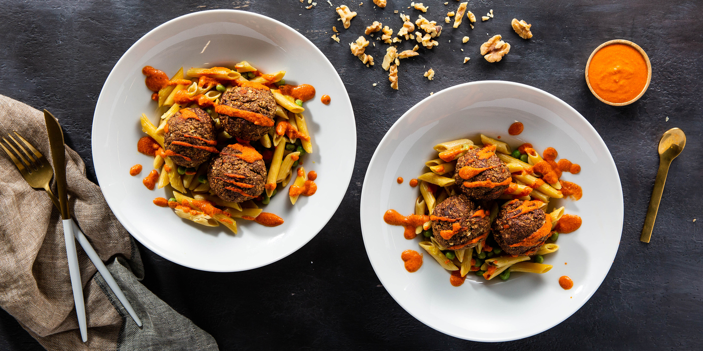 Miso Walnut Meatballs with Penne & Roasted Red Pepper Sauce Miso Walnut Meatballs with Penne & Roasted Red Pepper Sauce