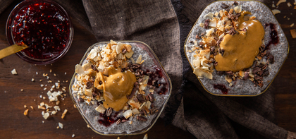 Raspberry Chia Puddings with Cacao Nibs & Cashew Butter
