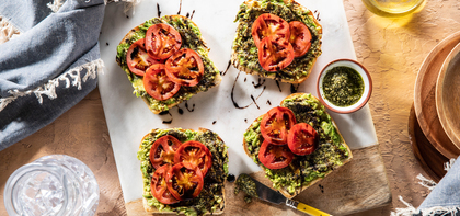 Avocado Toasts with Fresh Tomatoes & Basil Pesto