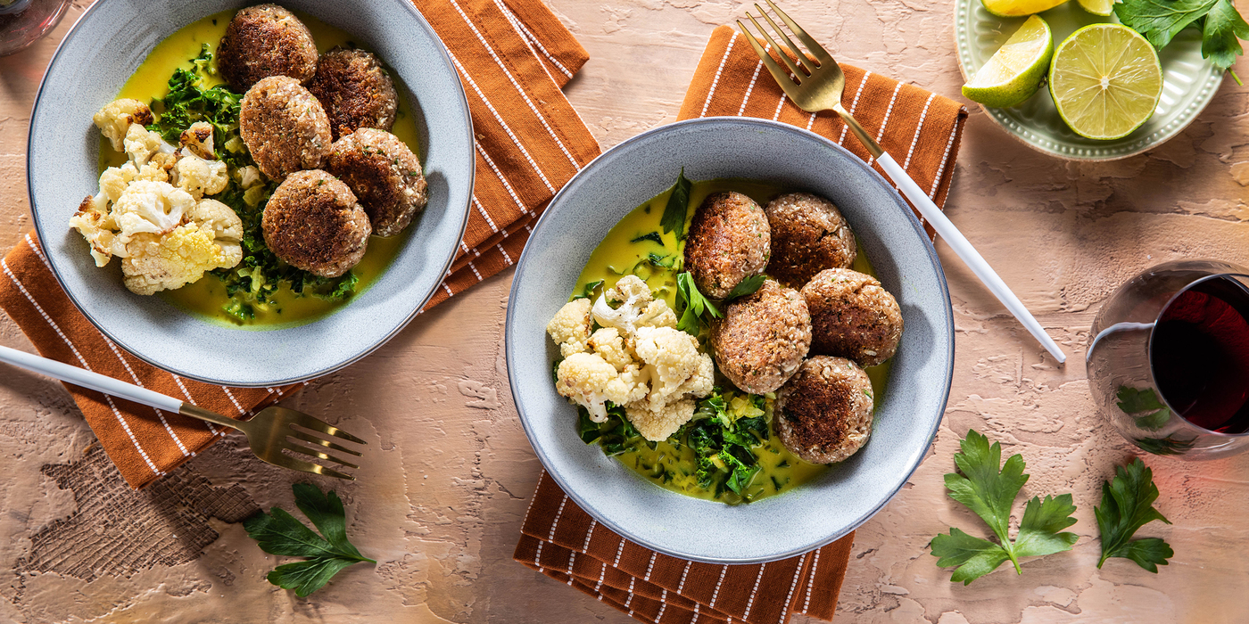 Cauliflower Quinoa Kofta with Kale & Coconut Turmeric Sauce Cauliflower Quinoa Kofta with Kale & Coconut Turmeric Sauce