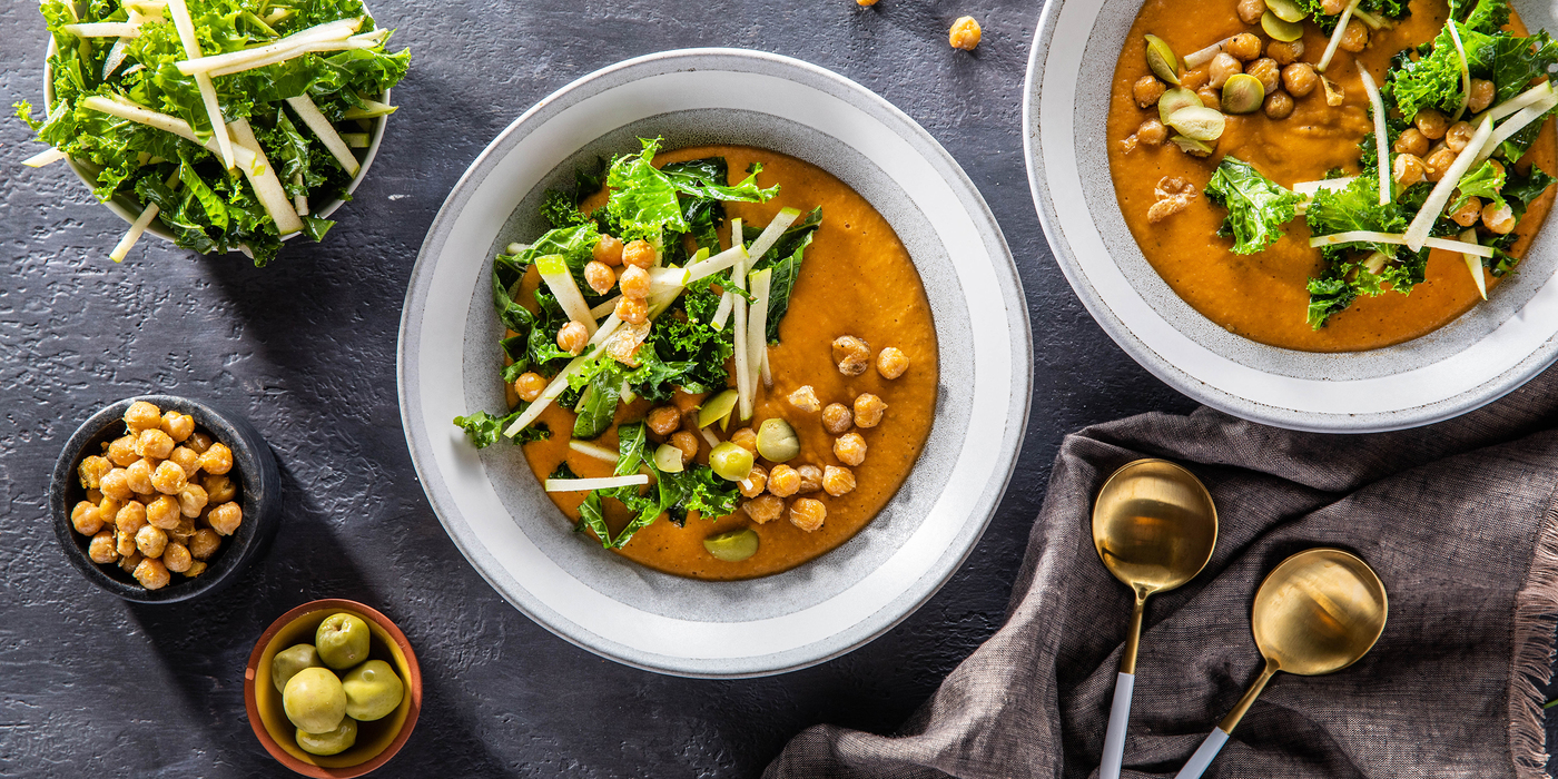 Harissa Butternut Bisque with Green Apple Slaw & Crispy Chickpeas Harissa Butternut Bisque with Green Apple Slaw & Crispy Chickpeas