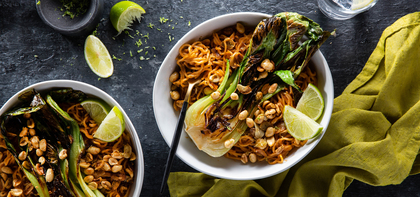 Red Curry Peanut Noodles with Crispy Bok Choy & Lime Garlic Nuts