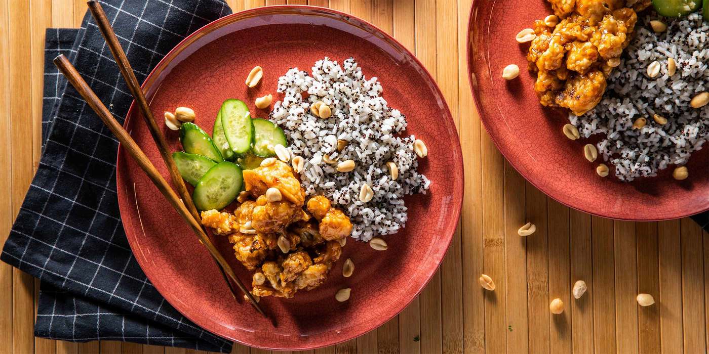 Kung Pao Cauliflower with Garlic Cucumbers & Speckled Rice