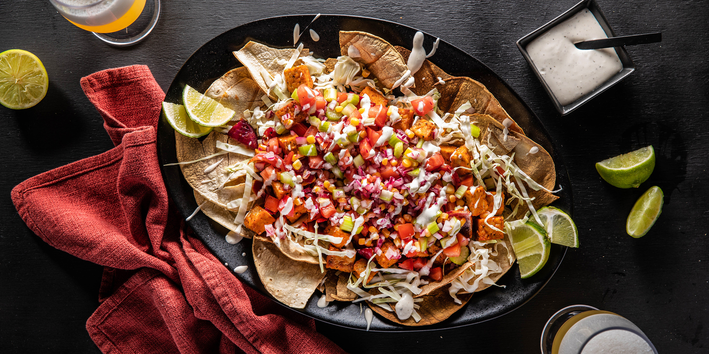 Buffalo Tempeh Nachos with Celery Salsa & Ranch Crema Buffalo Tempeh Nachos with Celery Salsa & Ranch Crema