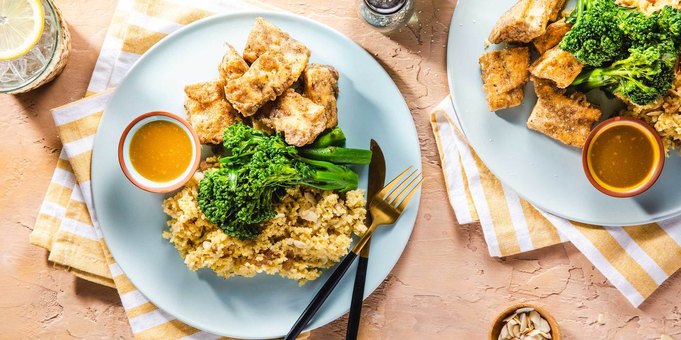 Za'atar Tofu Tenders with Broccolini & Maple Mustard Dipping Sauce Za'atar Tofu Tenders with Broccolini & Maple Mustard Dipping Sauce