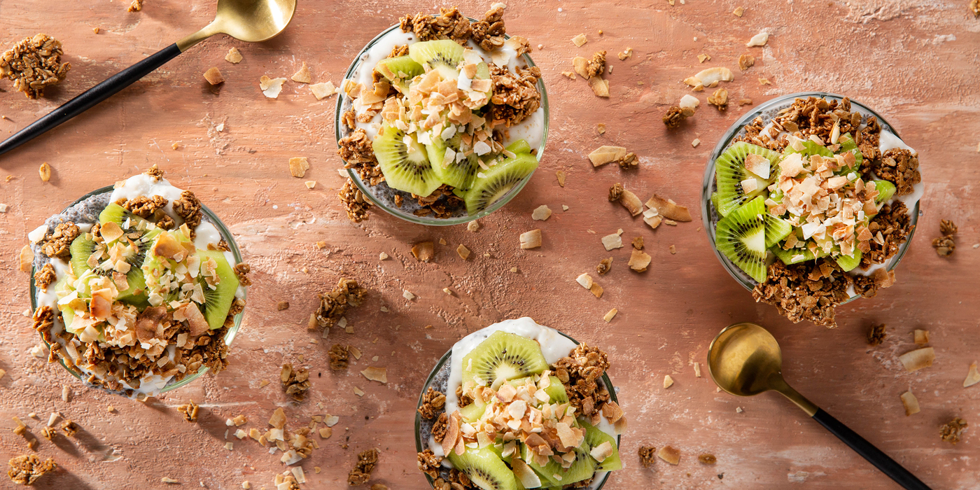 Coconut Chia Puddings with Ancient Grain Granola & Kiwi Coconut Chia Puddings with Ancient Grain Granola & Kiwi