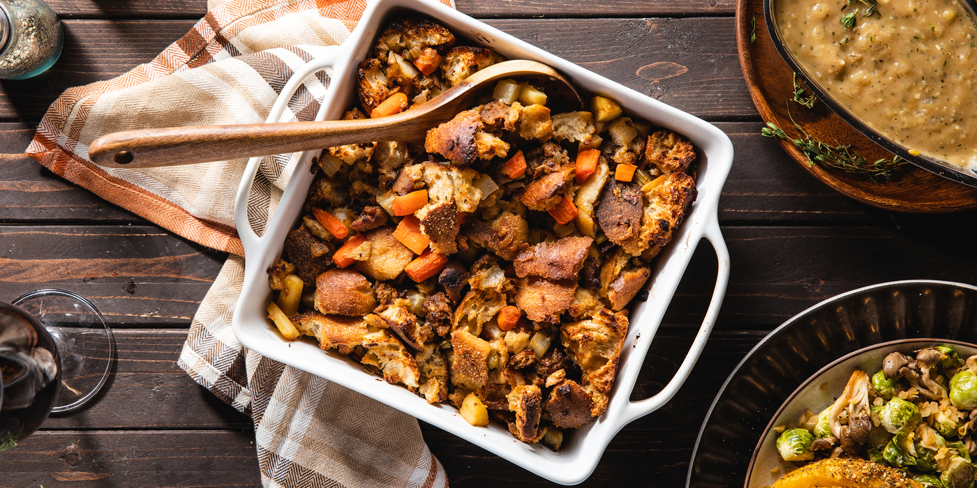 Rustic Ciabatta Stuffing with Root Vegetables & Herb Sausage Rustic Ciabatta Stuffing with Root Vegetables & Herb Sausage