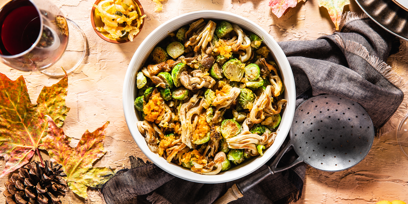 Roasted Brussels Sprouts with Oyster Mushrooms & Garlic Kimchi Butter Roasted Brussels Sprouts with Oyster Mushrooms & Garlic Kimchi Butter