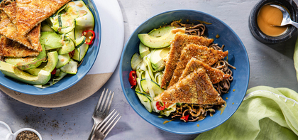 Panko-Crusted Tempeh with Lemon Zucchini Soba & Avocado