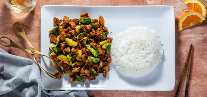 Orange Sesame Seitan with Charred Brussels Sprouts & Sticky Rice