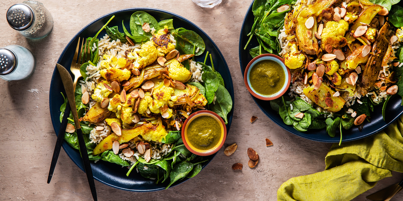 Roasted Aloo Gobi with Spinach & Cilantro Chutney Roasted Aloo Gobi with Spinach & Cilantro Chutney