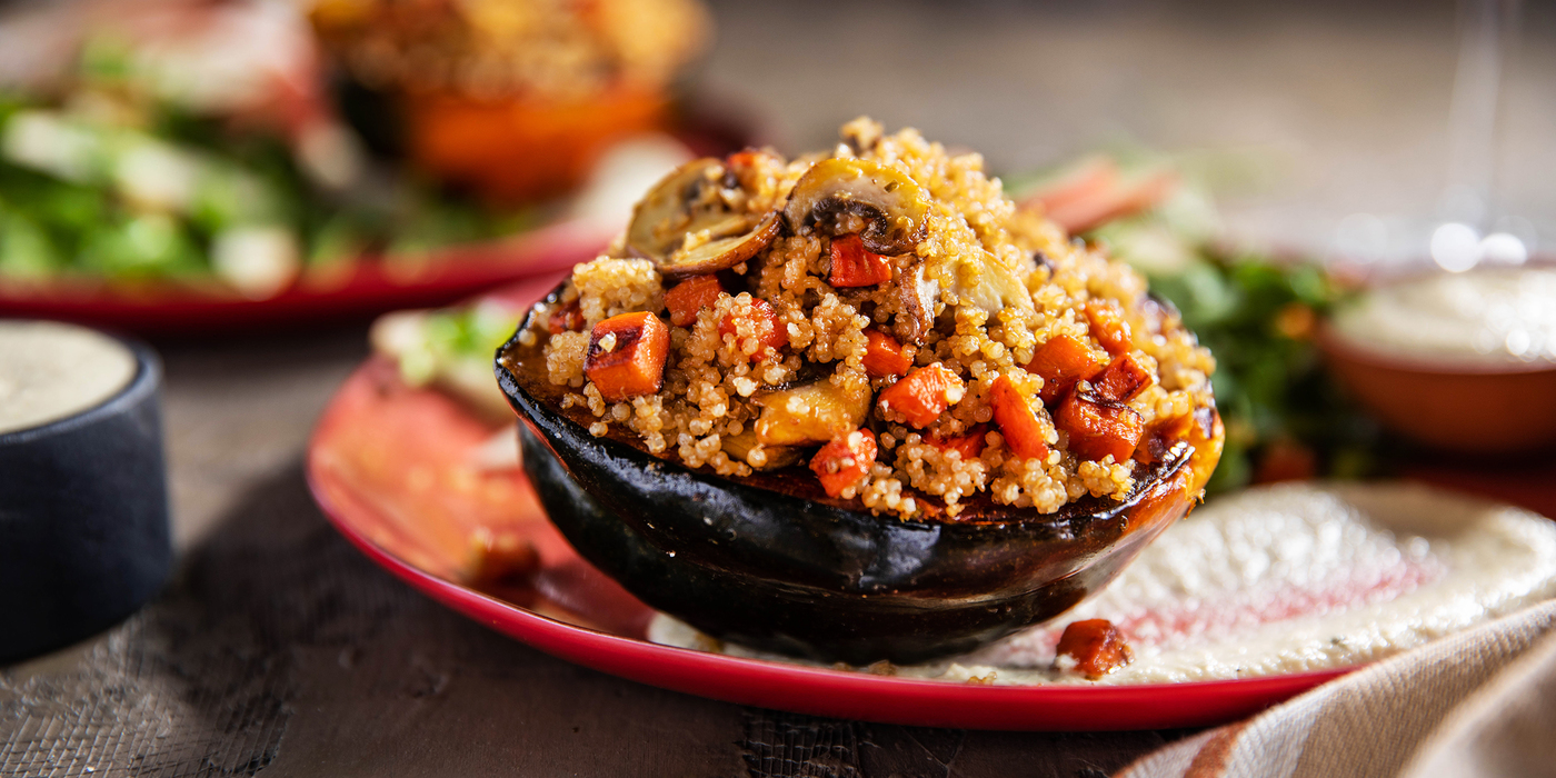 Stuffed Acorn Squash with Apple Quinoa Pilaf & Rosemary Cashew Cream Stuffed Acorn Squash with Apple Quinoa Pilaf & Rosemary Cashew Cream
