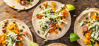 Refried Butternut Tacos with Grape Salsa & Cilantro Cabbage Slaw