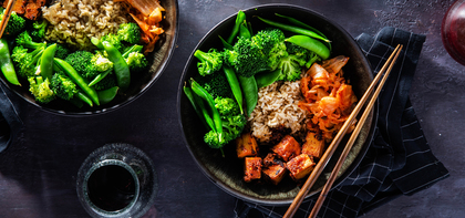 Korean Tofu Bowls with Sugar Snap Peas & Kimchi