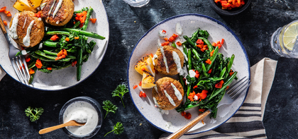 Mini White Bean Burgers with Charred Green Beans & Lemon Herb Dressing
