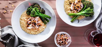 White Lentil Risotto with Broccolini & Walnut Currant Agrodolce