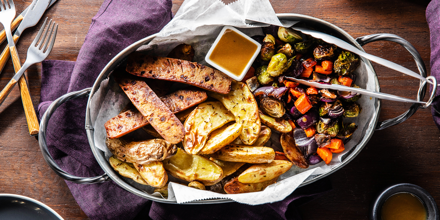 Herb Sausages with Caraway Roasted Potatoes & Maple Mustard Dressing Herb Sausages with Caraway Roasted Potatoes & Maple Mustard Dressing