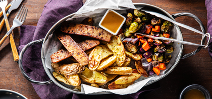 Herb Sausages with Caraway Roasted Potatoes & Maple Mustard Dressing