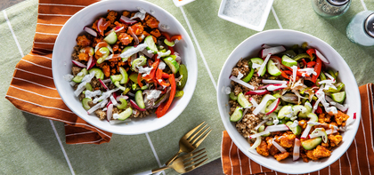 Buffalo Tempeh Quinoa Bowls with Roasted Peppers & Dill Sour Cream